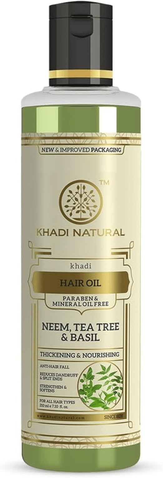 Nourish your hair with Khadi Natural Neem, Tea Tree &amp; Basil Hair Oil 210ml. Non-greasy herbal formula. Shop now. Order online in UAE.