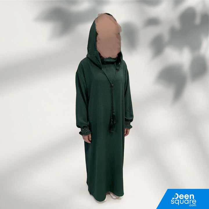 Shop kids prayer dress with hoodie size 38. Comfortable, modest crepe salah wear for girls aged 7–8. Perfect for daily prayer.