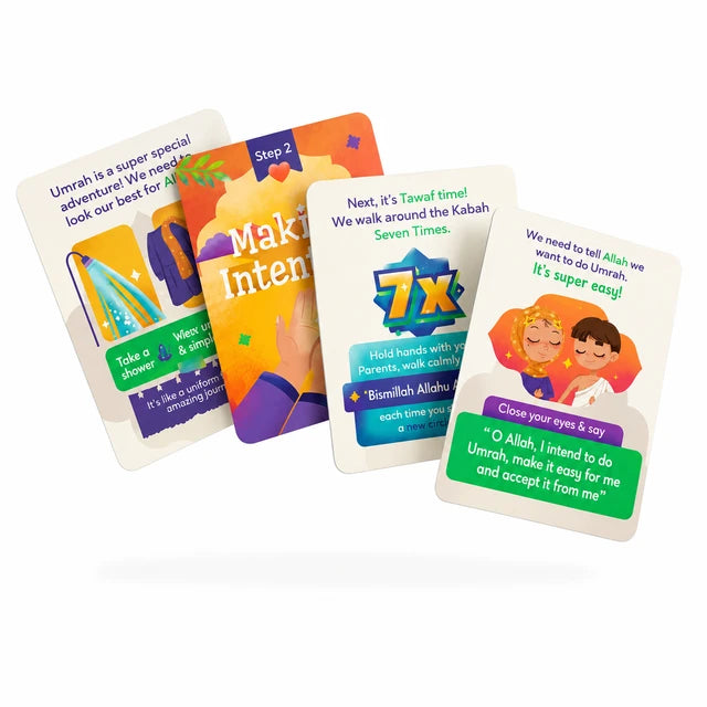 Buy Kids Umrah Guide Cards at deensquare.com | Dubai | UAE. 20 waterproof ring-bound cards with step-by-step Umrah guidance and duas for children.