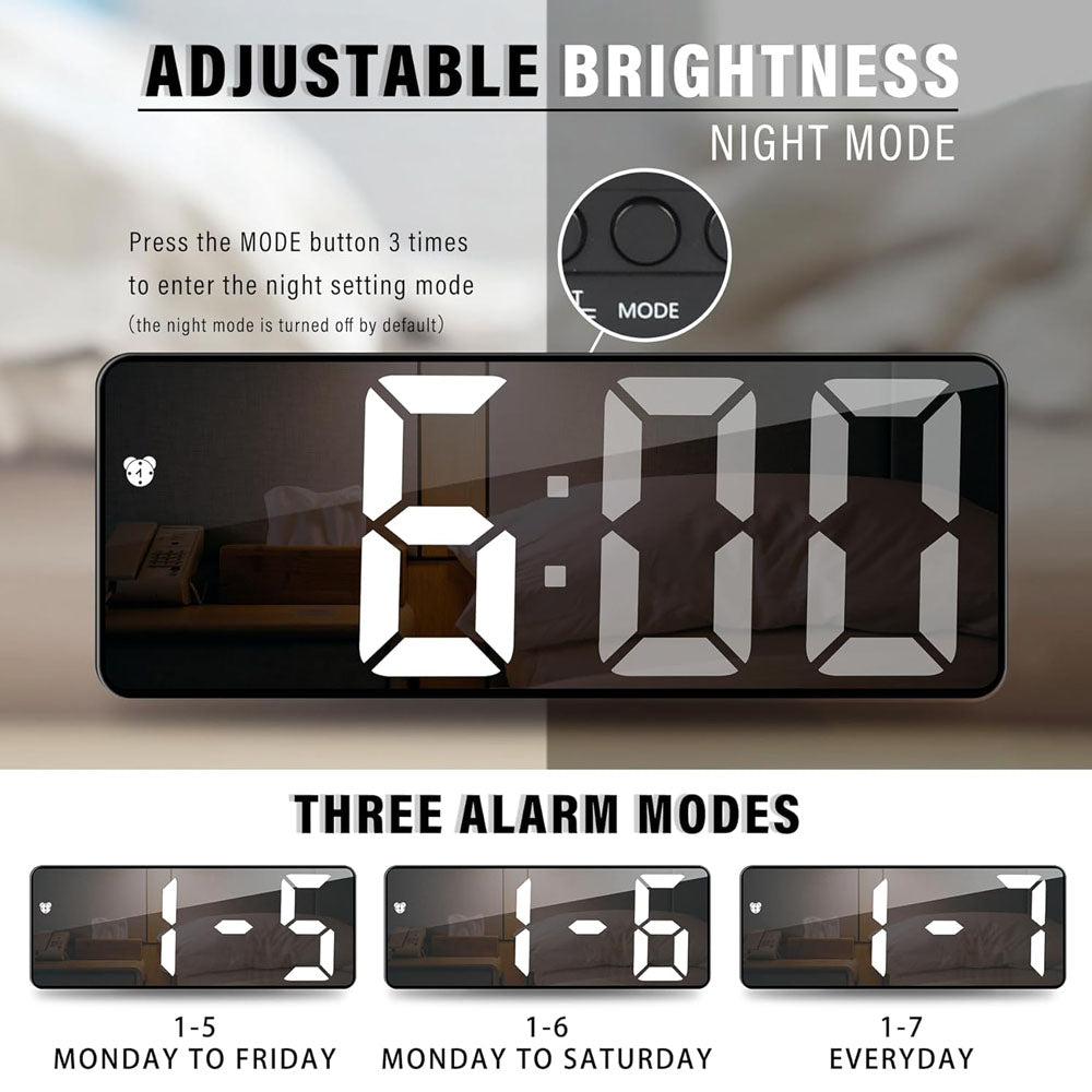 Buy GH0712 LED digital alarm clock at deensquare.com Dubai UAE. Stylish mirror clock with temperature display, snooze, voice control &amp; USB power.