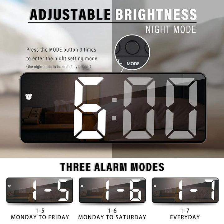 Buy GH0712 LED digital alarm clock at deensquare.com Dubai UAE. Stylish mirror clock with temperature display, snooze, voice control &amp; USB power.