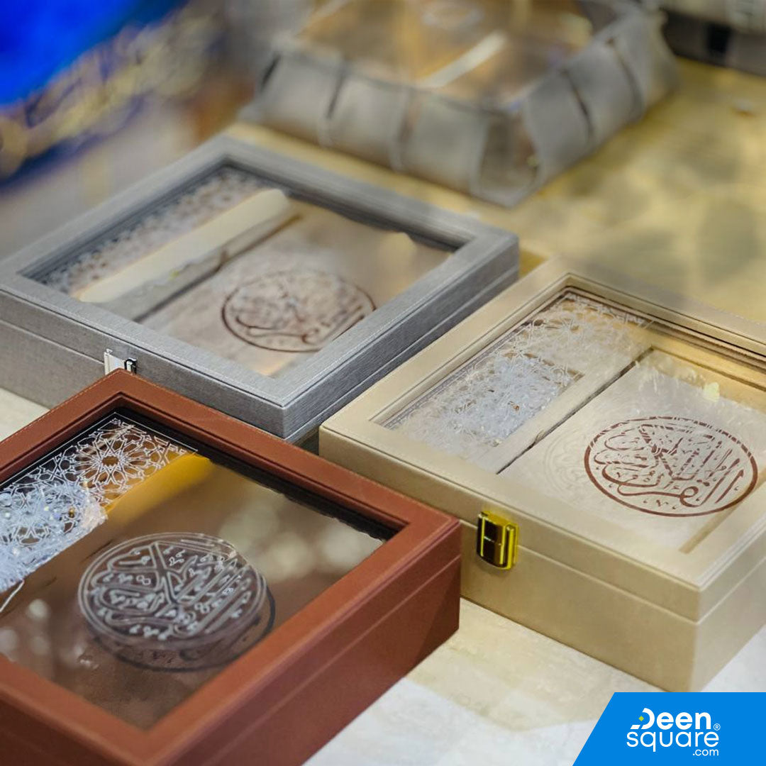 Elegant luxury Qur’an gift set featuring a premium Uthmani script Qur’an and 99-bead crystal tasbeeh in a beautiful gift box. Ideal for Ramadan & Eid.