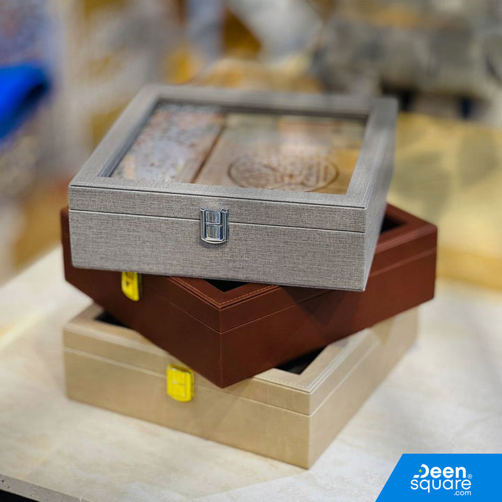 Elegant luxury Qur’an gift set featuring a premium Uthmani script Qur’an and 99-bead crystal tasbeeh in a beautiful gift box. Ideal for Ramadan & Eid.