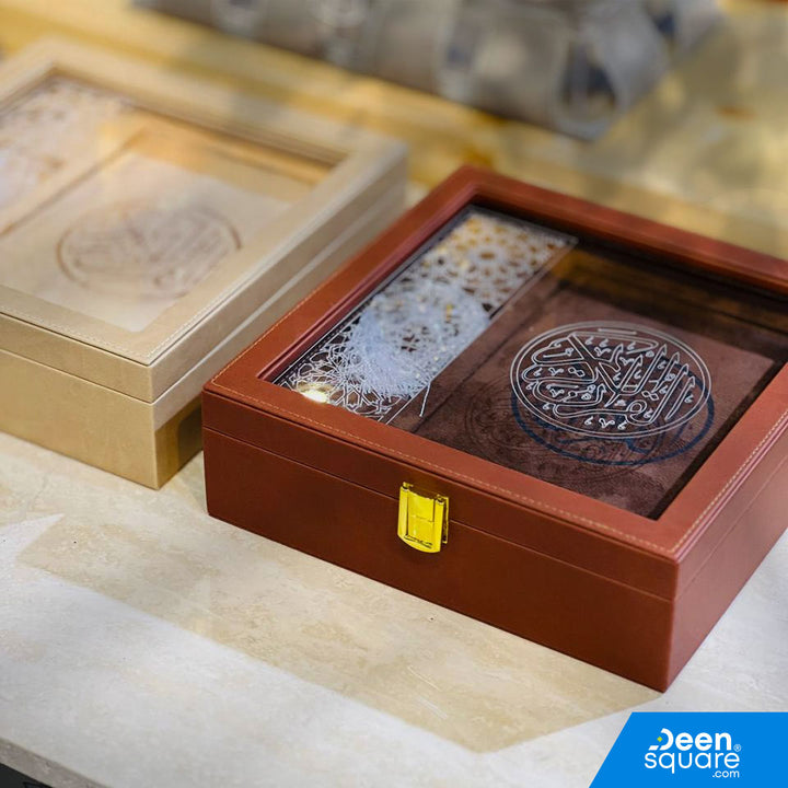 Elegant luxury Qur’an gift set featuring a premium Uthmani script Qur’an and 99-bead crystal tasbeeh in a beautiful gift box. Ideal for Ramadan & Eid.