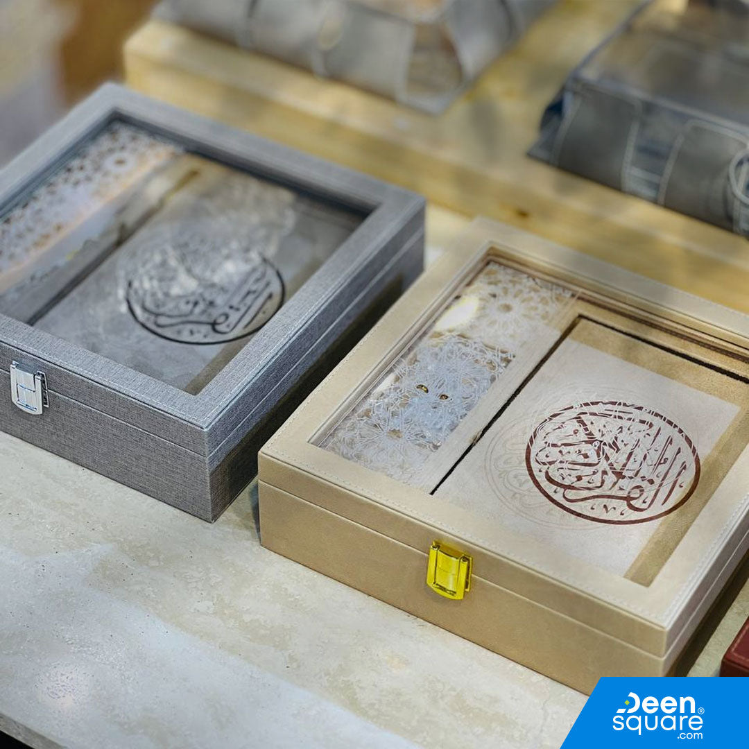 Elegant luxury Qur’an gift set featuring a premium Uthmani script Qur’an and 99-bead crystal tasbeeh in a beautiful gift box. Ideal for Ramadan & Eid.
