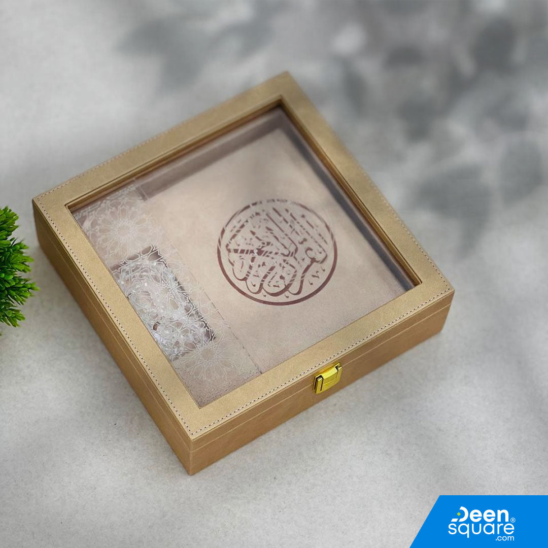 Elegant luxury Qur’an gift set featuring a premium Uthmani script Qur’an and 99-bead crystal tasbeeh in a beautiful gift box. Ideal for Ramadan & Eid.
