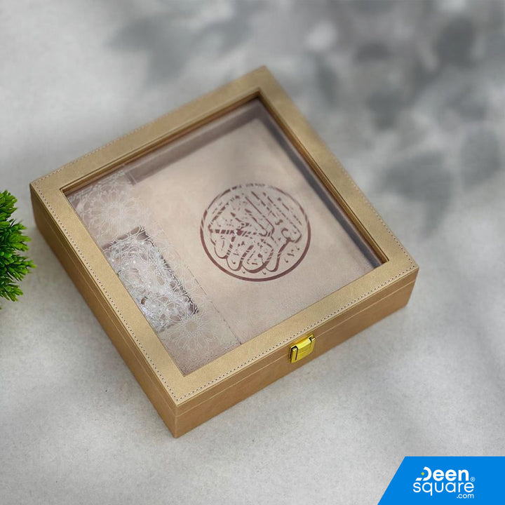 Elegant luxury Qur’an gift set featuring a premium Uthmani script Qur’an and 99-bead crystal tasbeeh in a beautiful gift box. Ideal for Ramadan & Eid.