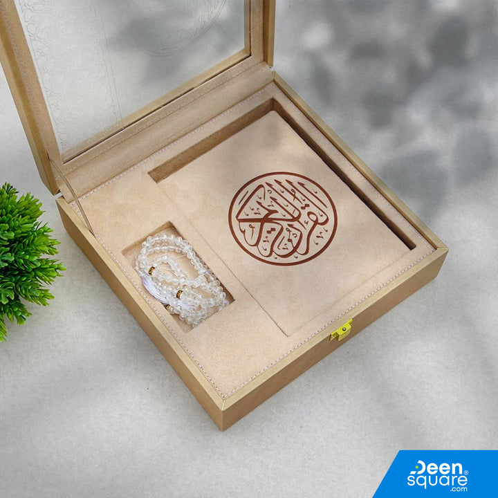 Elegant luxury Qur’an gift set featuring a premium Uthmani script Qur’an and 99-bead crystal tasbeeh in a beautiful gift box. Ideal for Ramadan & Eid.