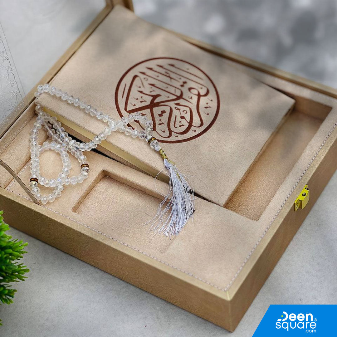 Elegant luxury Qur’an gift set featuring a premium Uthmani script Qur’an and 99-bead crystal tasbeeh in a beautiful gift box. Ideal for Ramadan & Eid.