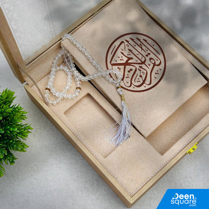Elegant luxury Qur’an gift set featuring a premium Uthmani script Qur’an and 99-bead crystal tasbeeh in a beautiful gift box. Ideal for Ramadan & Eid.