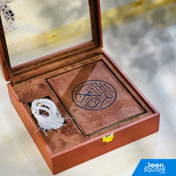 Elegant luxury Qur’an gift set featuring a premium Uthmani script Qur’an and 99-bead crystal tasbeeh in a beautiful gift box. Ideal for Ramadan & Eid.
