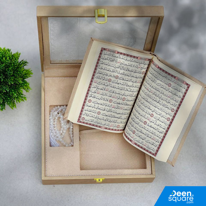 Elegant luxury Qur’an gift set featuring a premium Uthmani script Qur’an and 99-bead crystal tasbeeh in a beautiful gift box. Ideal for Ramadan & Eid.