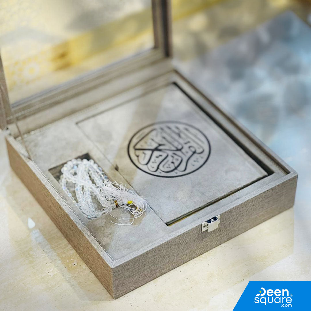 Elegant luxury Qur’an gift set featuring a premium Uthmani script Qur’an and 99-bead crystal tasbeeh in a beautiful gift box. Ideal for Ramadan & Eid.