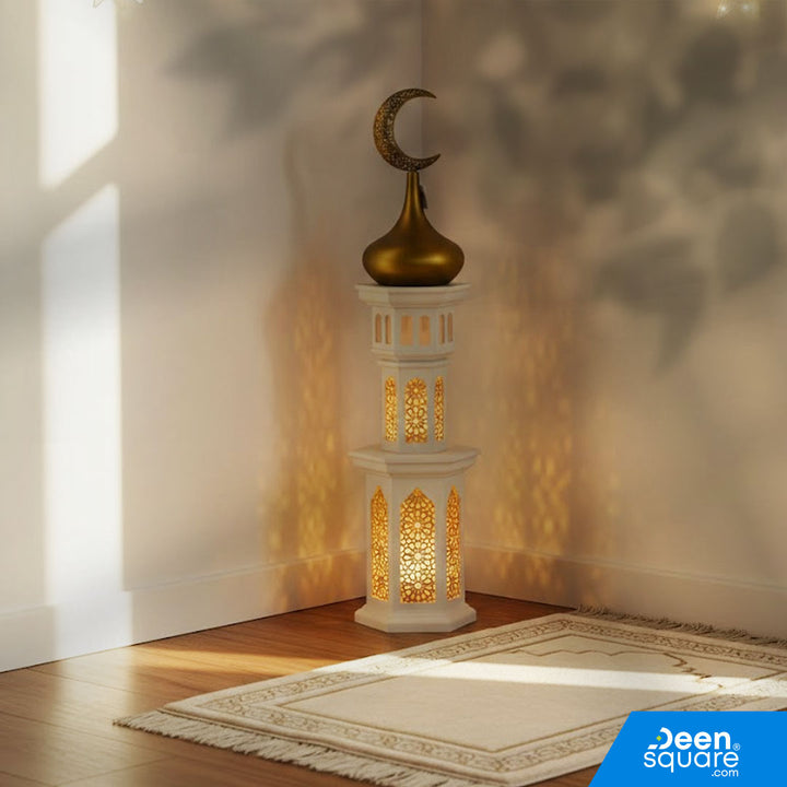 Elegant 3D Ramadan minaret décor with soft lighting, white and gold finish, and premium MDF build. Perfect for prayer corners and Islamic home décor. Buy At Deensquare.com 
free delivery all over UAE