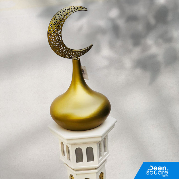 Elegant 3D Ramadan minaret décor with soft lighting, white and gold finish, and premium MDF build. Perfect for prayer corners and Islamic home décor.
