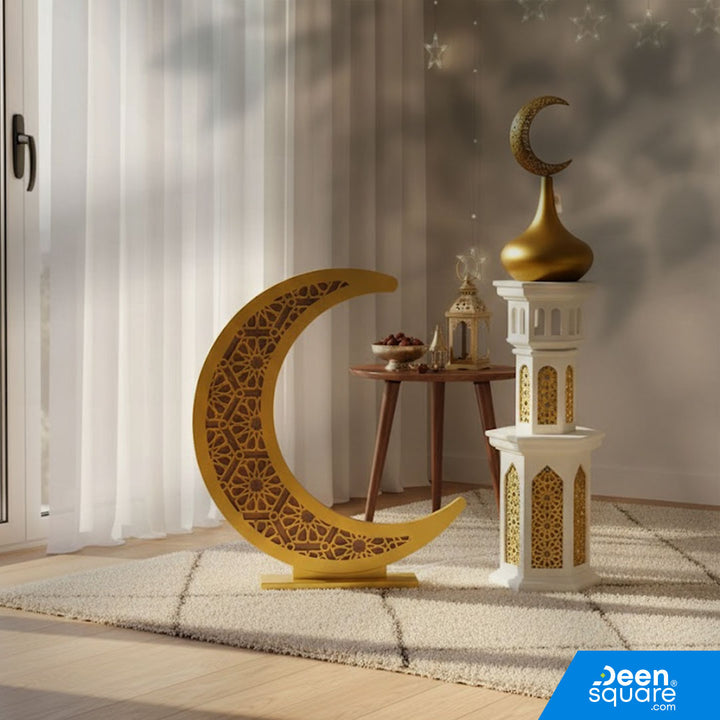 Elegant 3D Ramadan minaret décor with soft lighting, white and gold finish, and premium MDF build. Perfect for prayer corners and Islamic home décor.