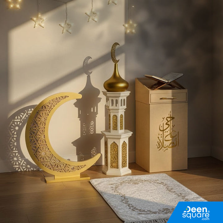 Elegant 3D moon Ramadan décor with soft lighting and premium finish. Perfect for prayer corners, Islamic home décor, and creating a serene ambiance.
