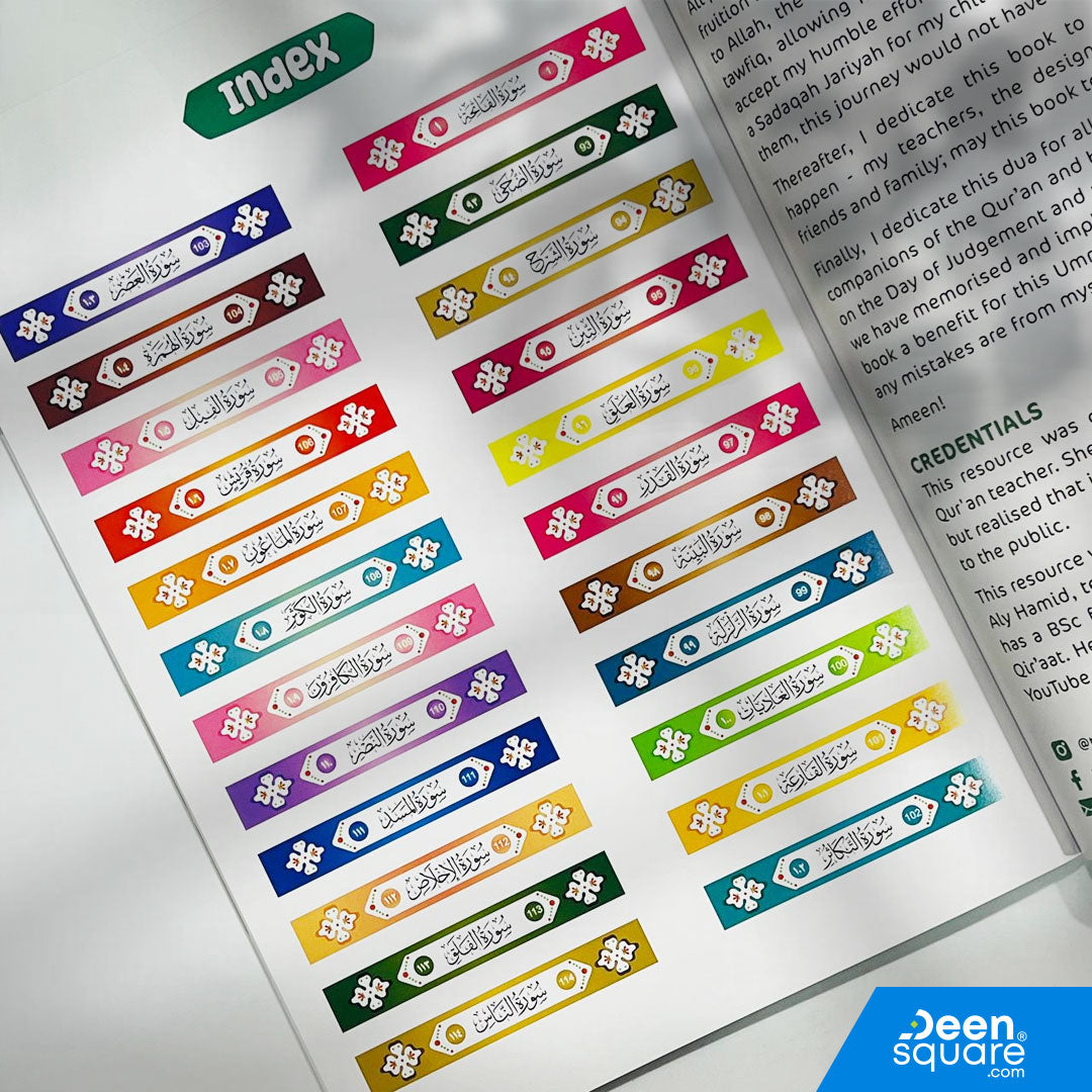 Mini Surah Strip featuring Al-Fatiha and Surahs from Ad-Duha to An-Naas. Ideal for kids and beginners. FSC-certified paper.