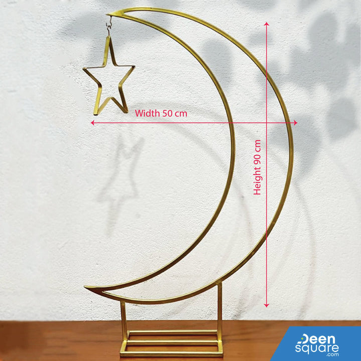 Elegant moon and star Ramadan decoration stand with LED light. Made from premium aluminum, 90 cm height—perfect for Islamic home and festive décor.