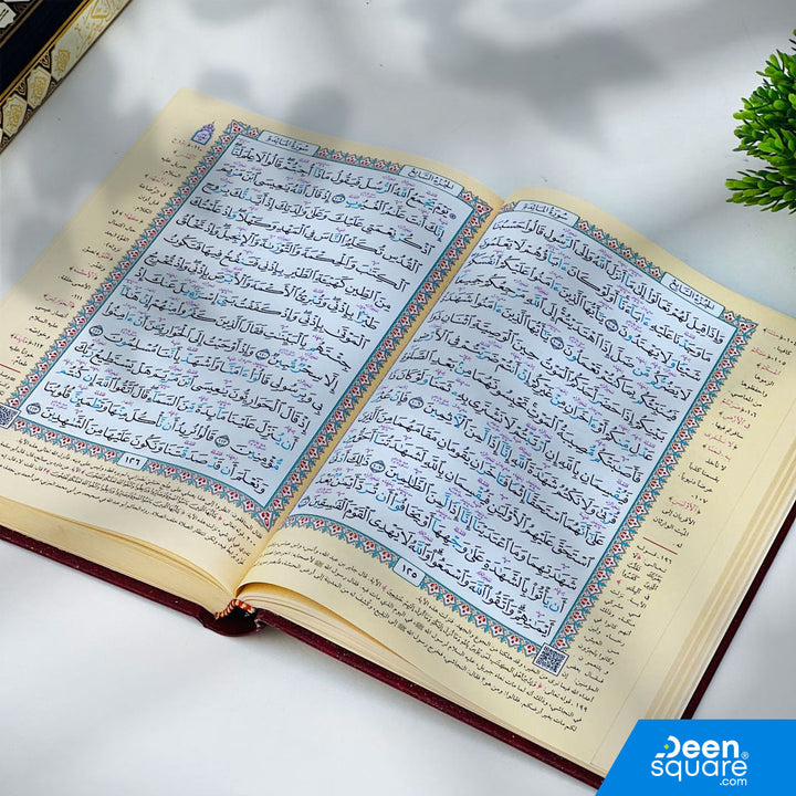 Full Color-Coded Tajweed System: Colors highlight Tajweed rules such as Idgham, Ikhfa, Madd, Qalqalah, and Ghunna, making correct recitation easier.
Easy Reading Layout: Large, clear Uthmani script designed for learners and daily readers.
Perfect for Learning: Great for students, teachers, Hifz classes, and beginners who want to improve Tajweed accurately.