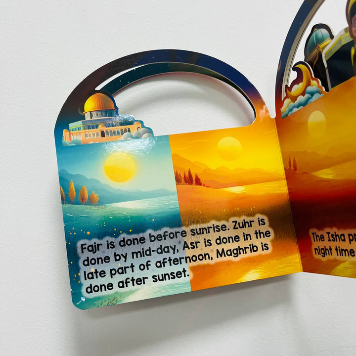 My First Book Of Salah by Darul Mughni. 12-page board book teaching prayer basics for kids age 4+. Simple and child-friendly format.