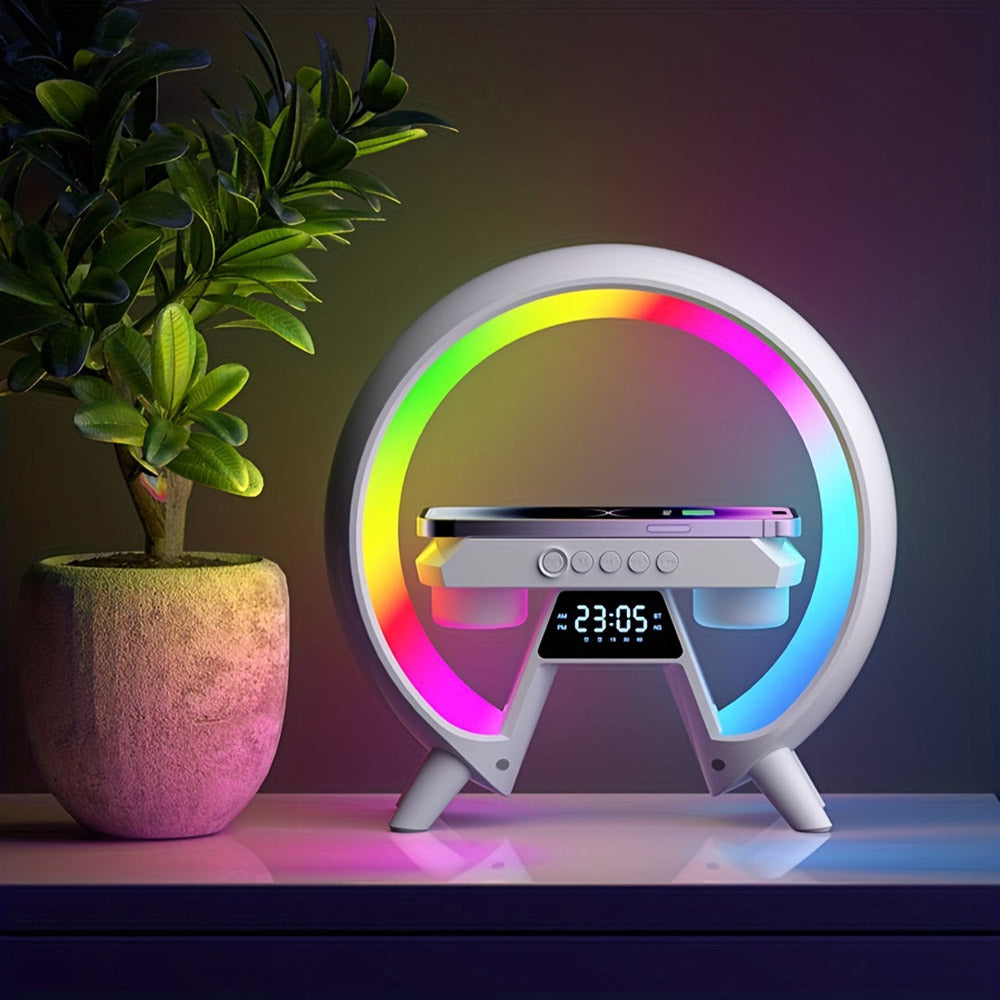 Buy New G table lamp BT speaker with clock &amp; wireless charging at buy at deensquare.com in Dubai | UAE. Smart LED night light with speaker.