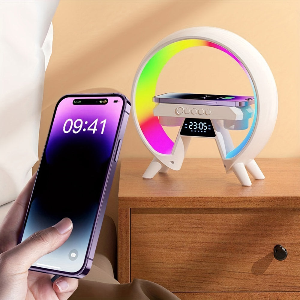 Buy New G table lamp BT speaker with clock &amp; wireless charging at buy at deensquare.com in Dubai | UAE. Smart LED night light with speaker.