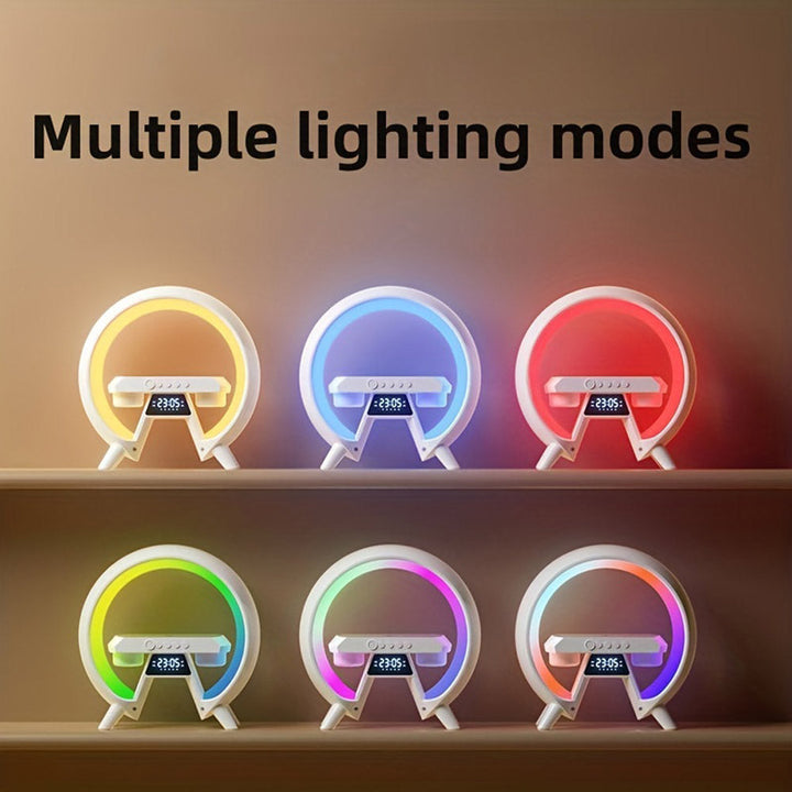 Buy New G table lamp BT speaker with clock &amp; wireless charging at buy at deensquare.com in Dubai | UAE. Smart LED night light with speaker.
