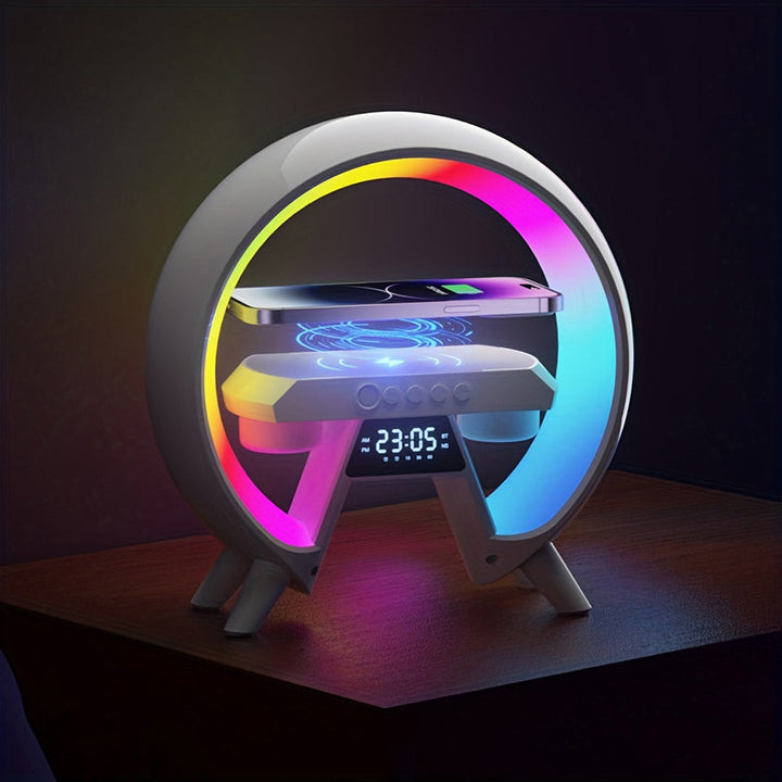Buy New G table lamp BT speaker with clock &amp; wireless charging at buy at deensquare.com in Dubai | UAE. Smart LED night light with speaker.