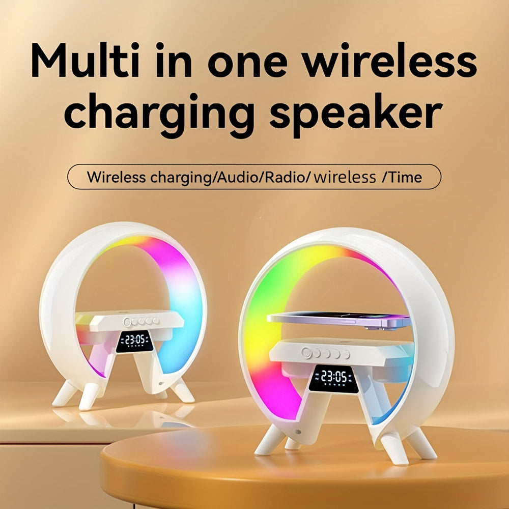 Buy New G table lamp BT speaker with clock &amp; wireless charging at buy at deensquare.com in Dubai | UAE. Smart LED night light with speaker.