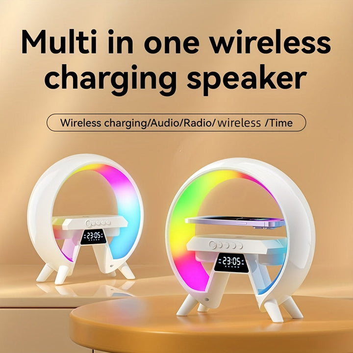 Buy New G table lamp BT speaker with clock &amp; wireless charging at buy at deensquare.com in Dubai | UAE. Smart LED night light with speaker.