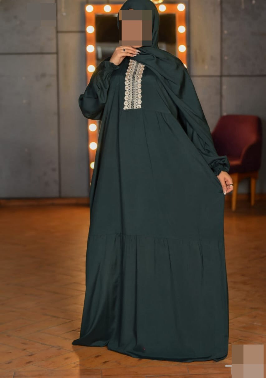 One Piece Prayer Dress with Shayla  - Zitty Green with Embroidery