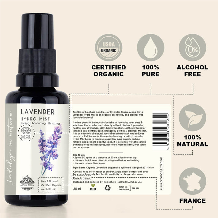Lavender Hydro Mist - For Face, Toner, Relaxation - Hydrosol Water 30 ml