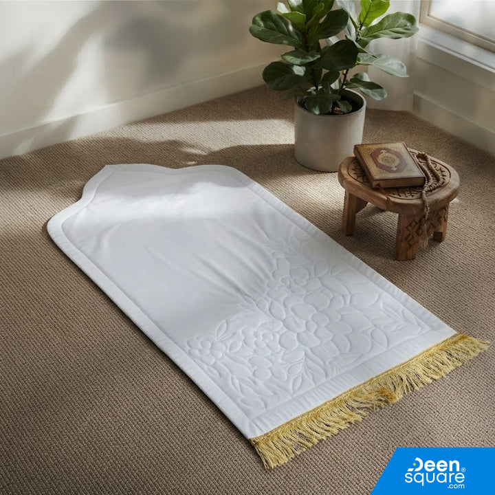 Buy padded floral embroidered prayer mat 70x110 cm at deensquare.com. Soft sponge prayer mat made in UAE, available in Dubai | UAE.