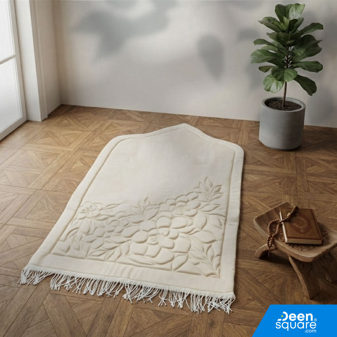 Buy padded floral prayer mat with soft sponge padding at deensquare.com. Elegant Islamic prayer mat made in UAE | Dubai UAE.