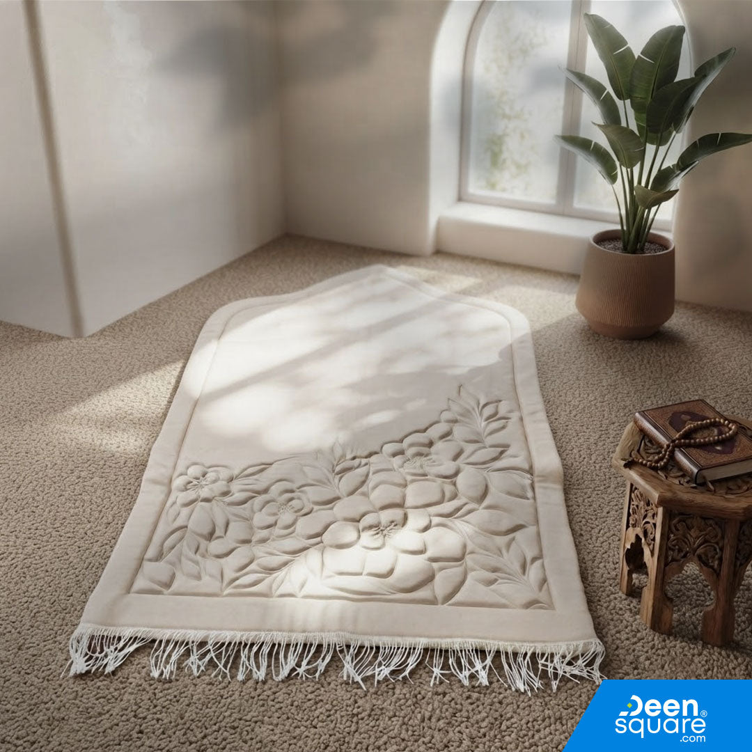 Buy padded floral prayer mat with soft sponge padding at deensquare.com. Elegant Islamic prayer mat made in UAE | Dubai UAE.