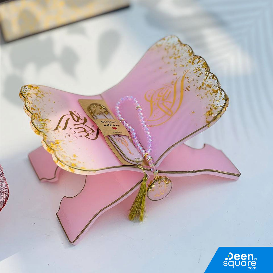 Elegant white resin Quran stand set with 2 bookmarks and tasbeeh keychain. Perfect for Ramadan, Hajj gifts & Islamic home décor.