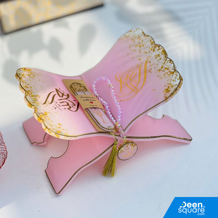 Elegant white resin Quran stand set with 2 bookmarks and tasbeeh keychain. Perfect for Ramadan, Hajj gifts &amp; Islamic home décor.