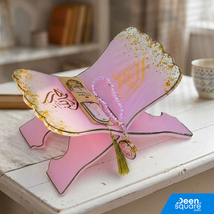 Elegant white resin Quran stand set with 2 bookmarks and tasbeeh keychain. Perfect for Ramadan, Hajj gifts &amp; Islamic home décor.