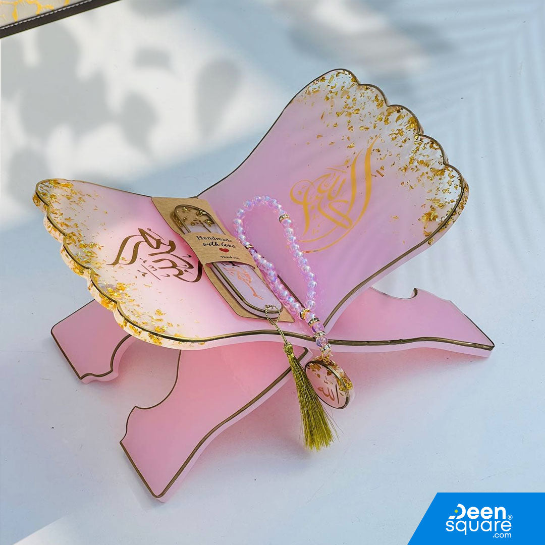 Elegant white resin Quran stand set with 2 bookmarks and tasbeeh keychain. Perfect for Ramadan, Hajj gifts &amp; Islamic home décor.