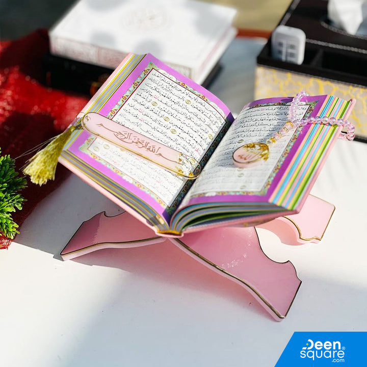 Elegant white resin Quran stand set with 2 bookmarks and tasbeeh keychain. Perfect for Ramadan, Hajj gifts &amp; Islamic home décor.