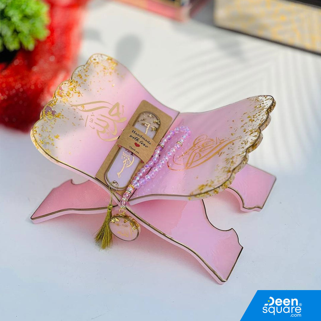 Elegant white resin Quran stand set with 2 bookmarks and tasbeeh keychain. Perfect for Ramadan, Hajj gifts &amp; Islamic home décor.