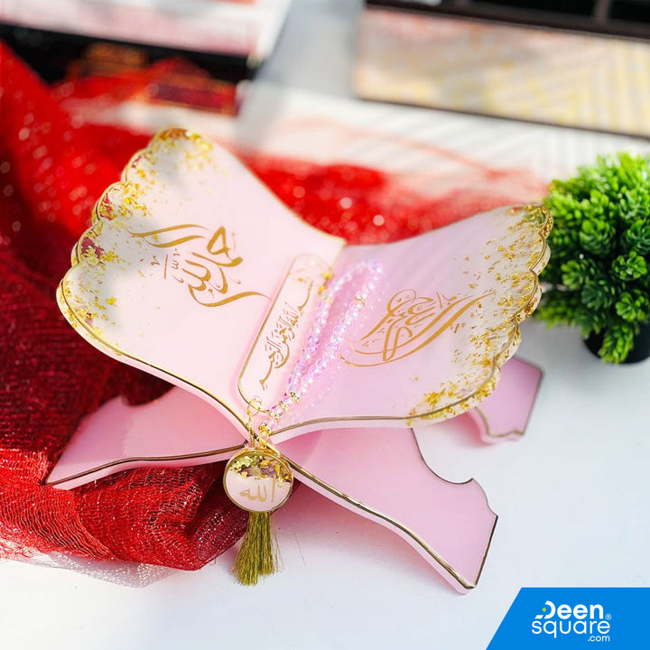 Elegant white resin Quran stand set with 2 bookmarks and tasbeeh keychain. Perfect for Ramadan, Hajj gifts &amp; Islamic home décor.