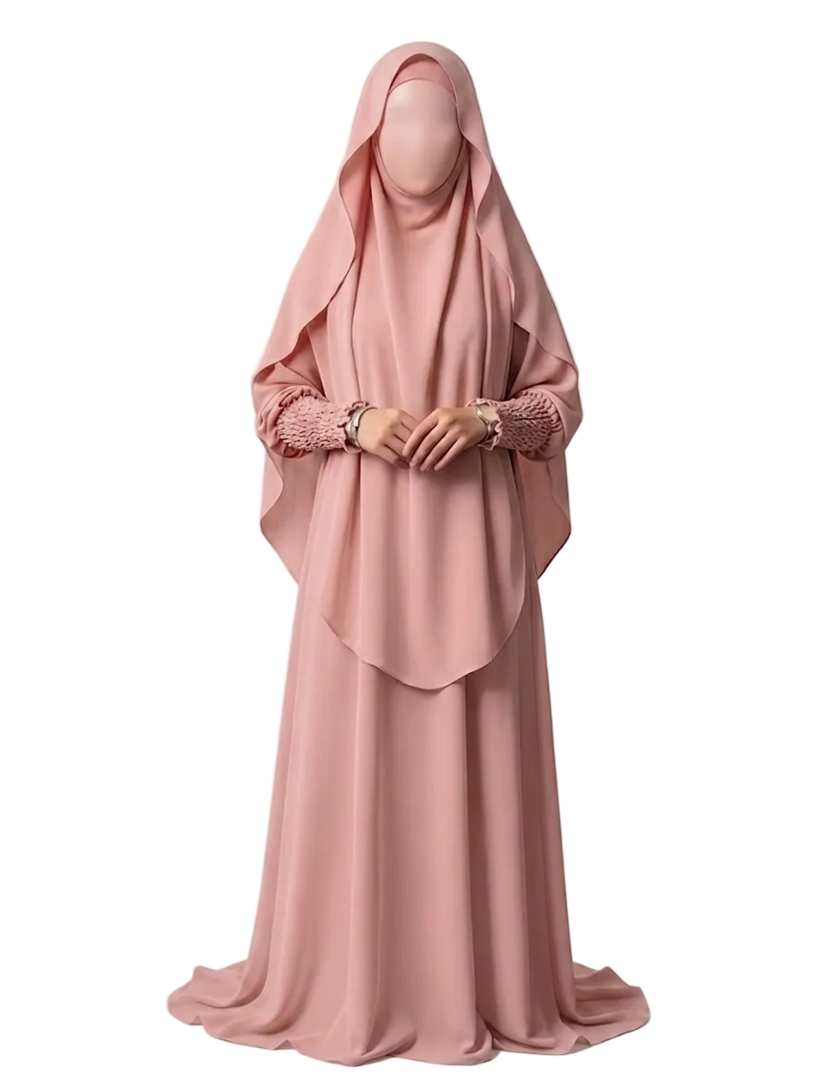Premium 2-Piece Nusrath Jilbab Set: Flowy Khimar & Smocked Sleeve Abaya with Right-Side Pocket - Rose Gold Color