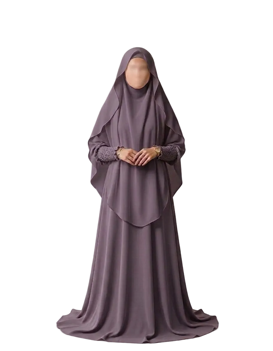 Premium Nusrath Jilbab Set: Flowy Khimar & Smocked Sleeve Abaya with Pocket - Grape Vine Color