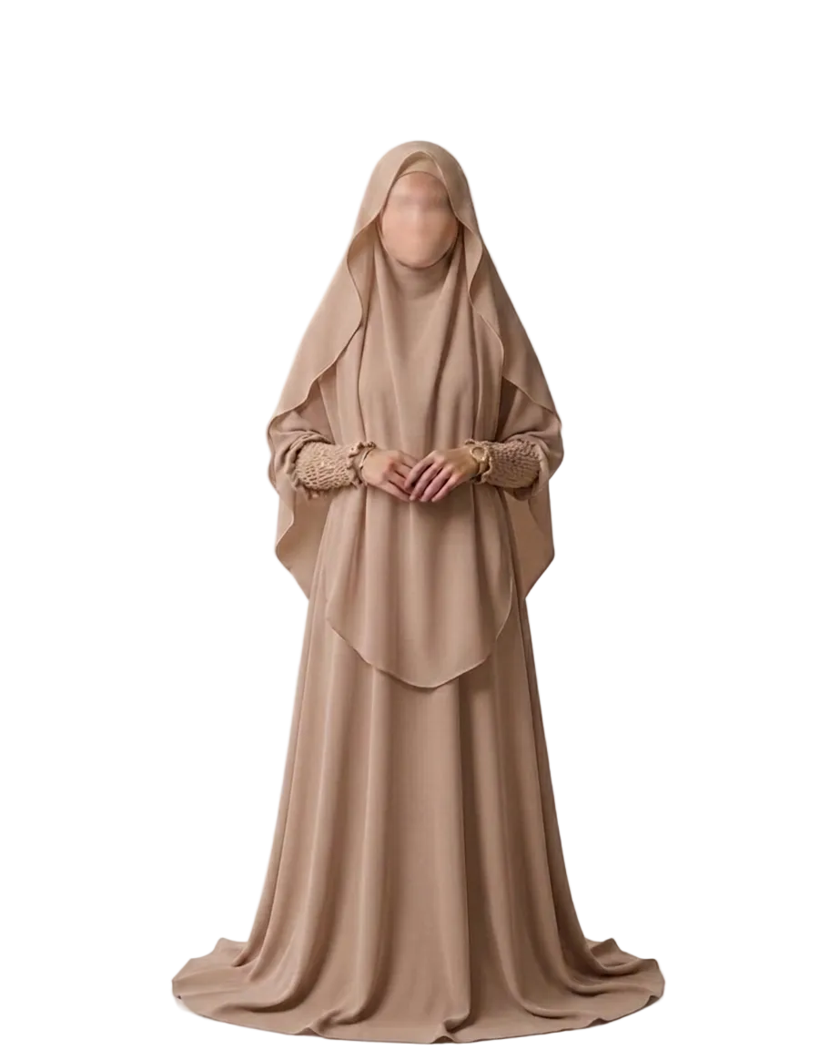 Premium Nusrath Jilbab Set: Flowy Khimar & Smocked Sleeve Abaya with Pocket - Beige Color