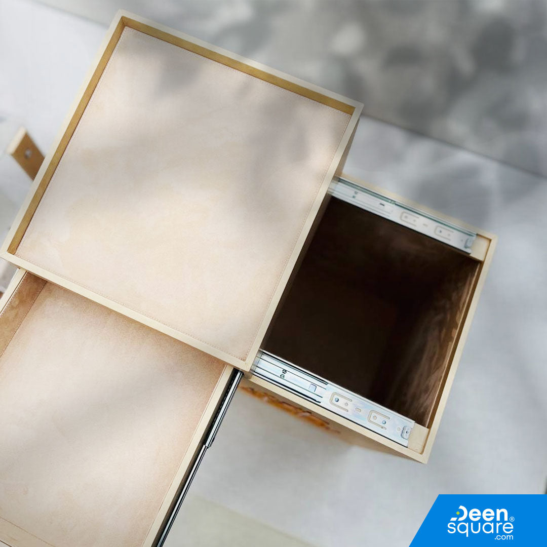 Organize your prayer essentials with this elegant PU leather decorative box. Features top Quran space, a drawer for Tasbeeh, and ample storage for mats and dresses.