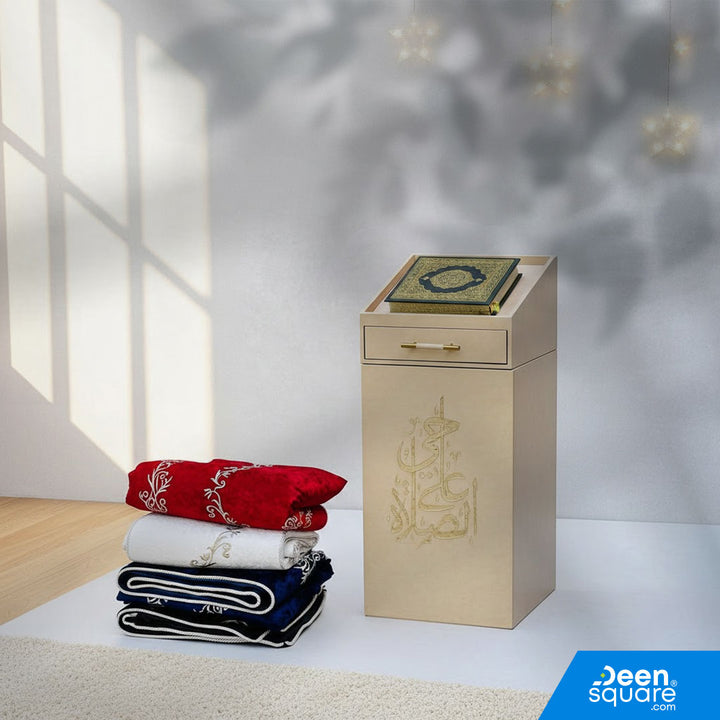 Organize your prayer essentials with this elegant PU leather decorative box. Features top Quran space, a drawer for Tasbeeh, and ample storage for mats and dresses.