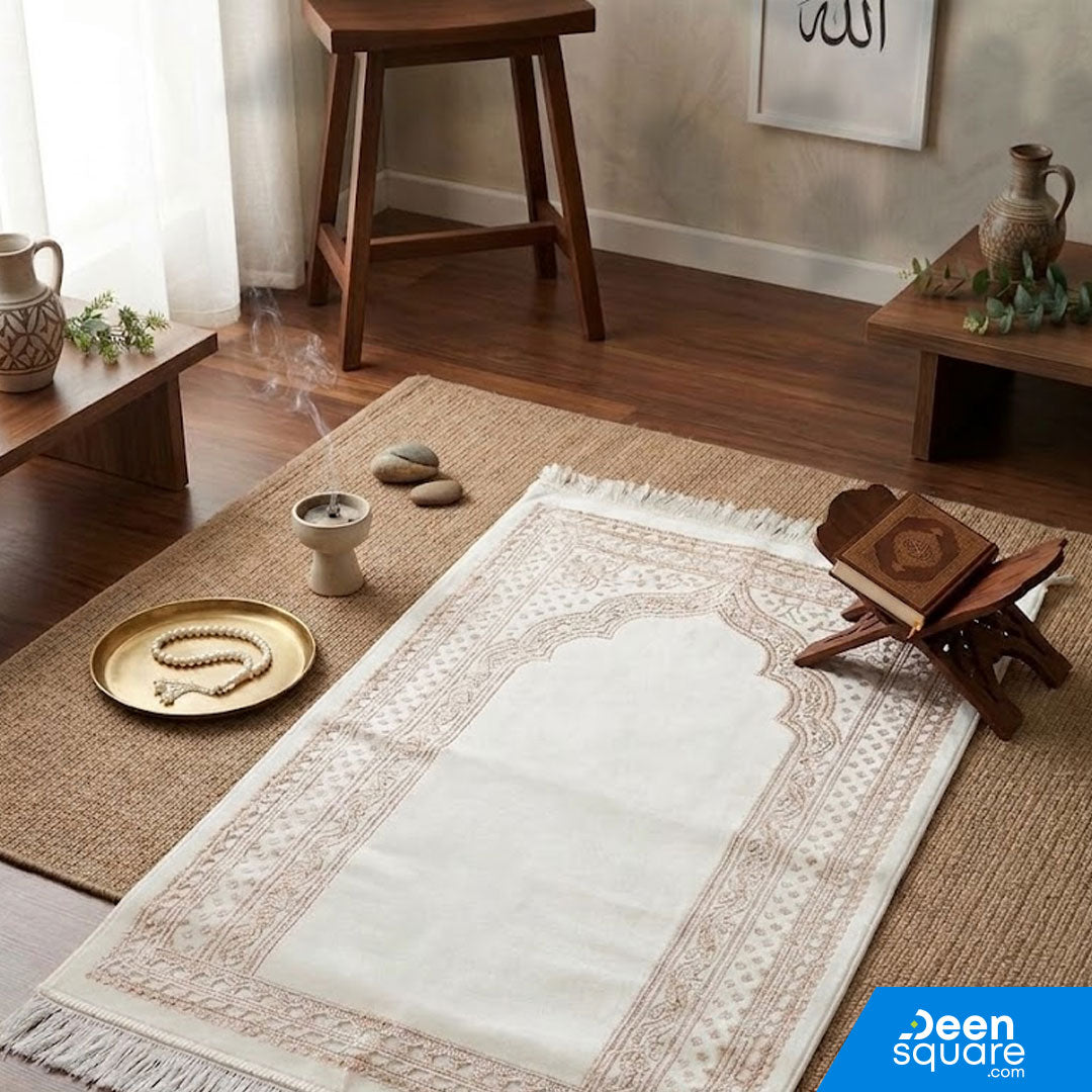 Buy Soft Prayer Mat AYDIN Turkish at deensquare.com Dubai | UAE. Comfortable Turkish سجادة صلاة with elegant border design, durable and gift-ready.