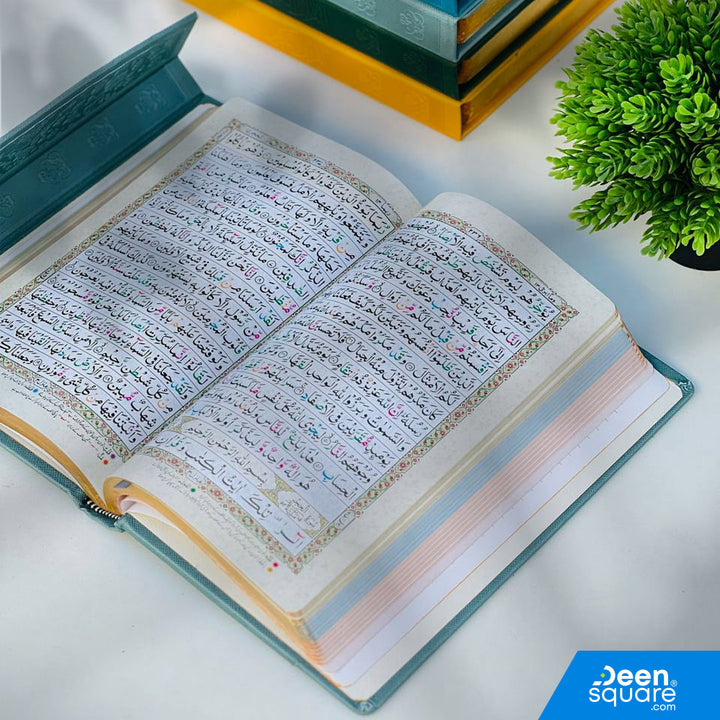 Premium Urdu/Indo-Pak Tajweed Quran (Ref 411F), 14x20 cm, 16 lines, 560 pages, 4-color print, art paper, hard binding. Ideal Islamic gift.
